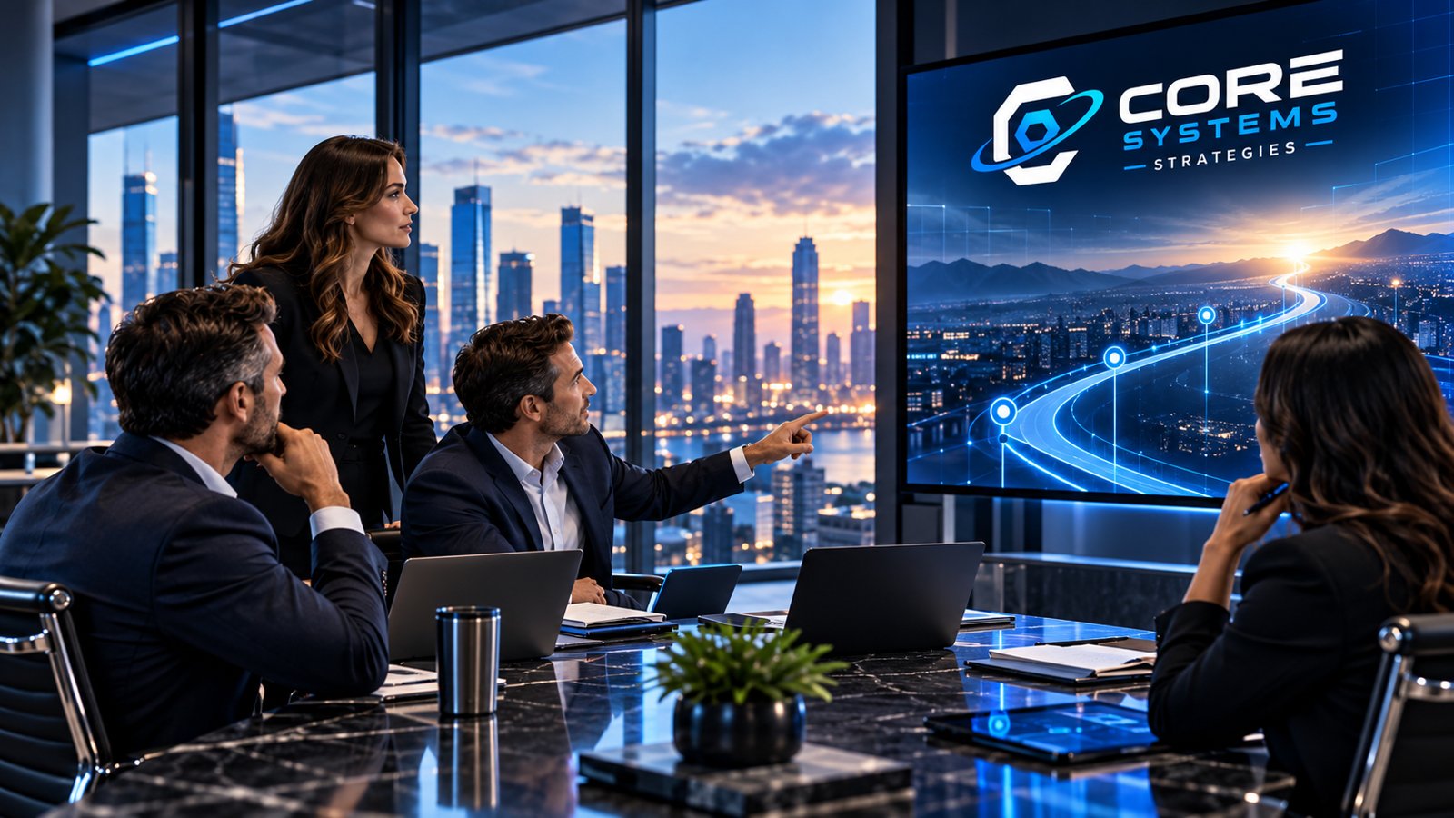 Team reviewing a city-at-dawn horizon slide on the boardroom screen