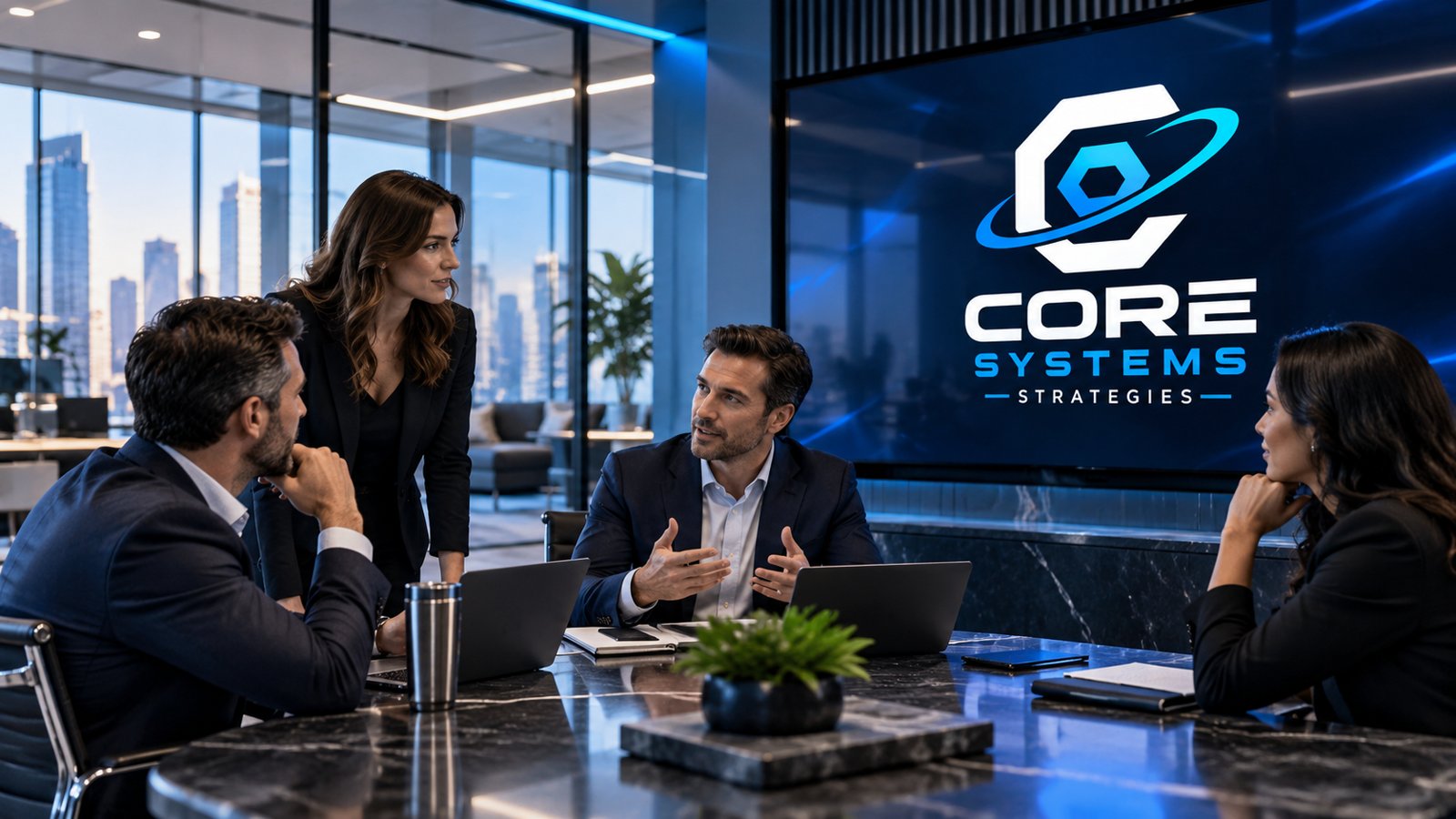 Candid corporate leadership working session in a glass-walled office